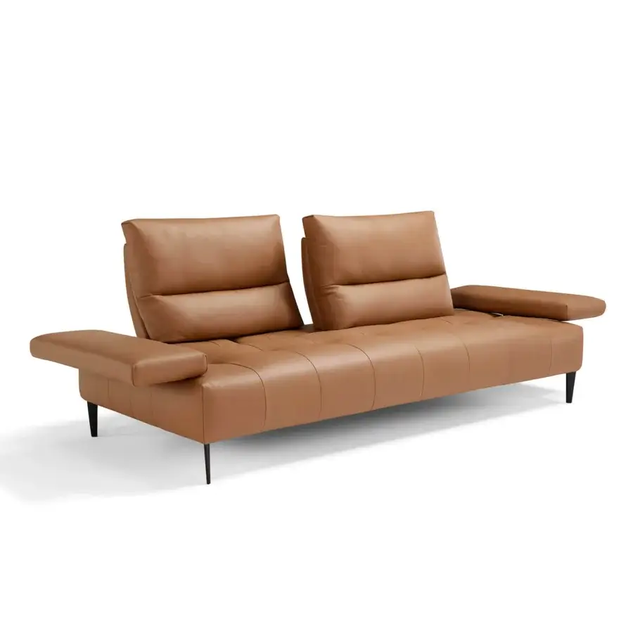 Distinguished Egoitaliano Tate sofa with tanned leather upholstery, squared silhouette and sleek black ABS legs