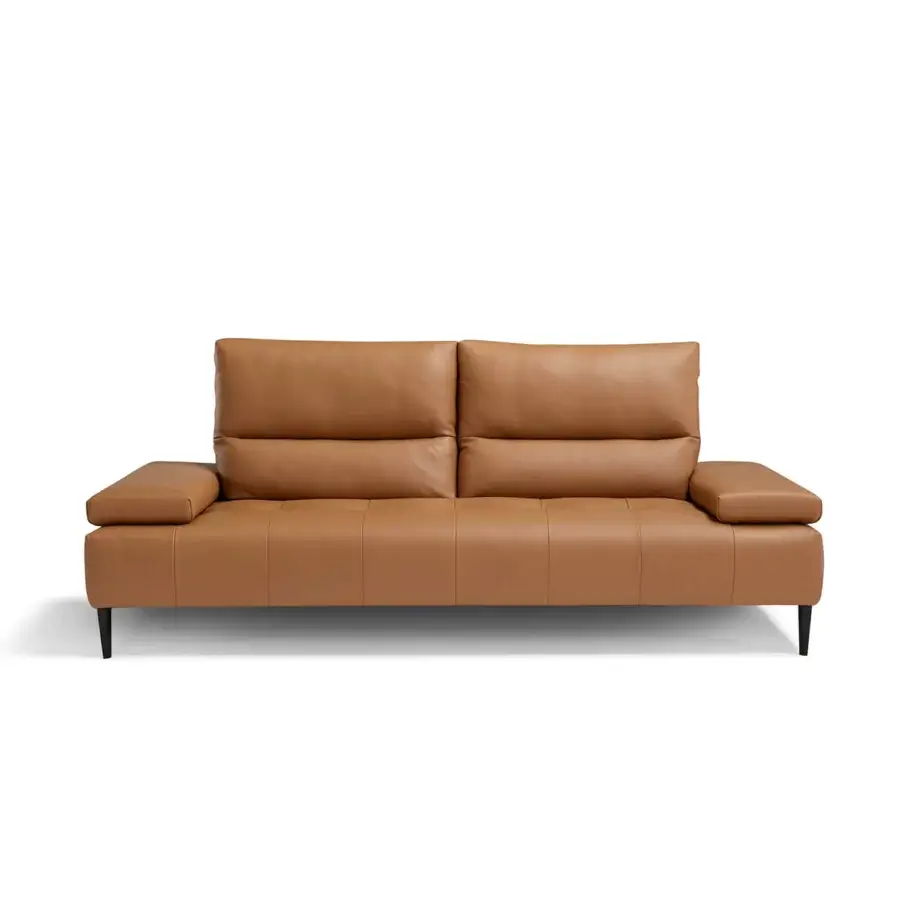 Superior Egoitaliano Tate sofa with medium-toned brown leather upholstery, squared arms and tapered black legs
