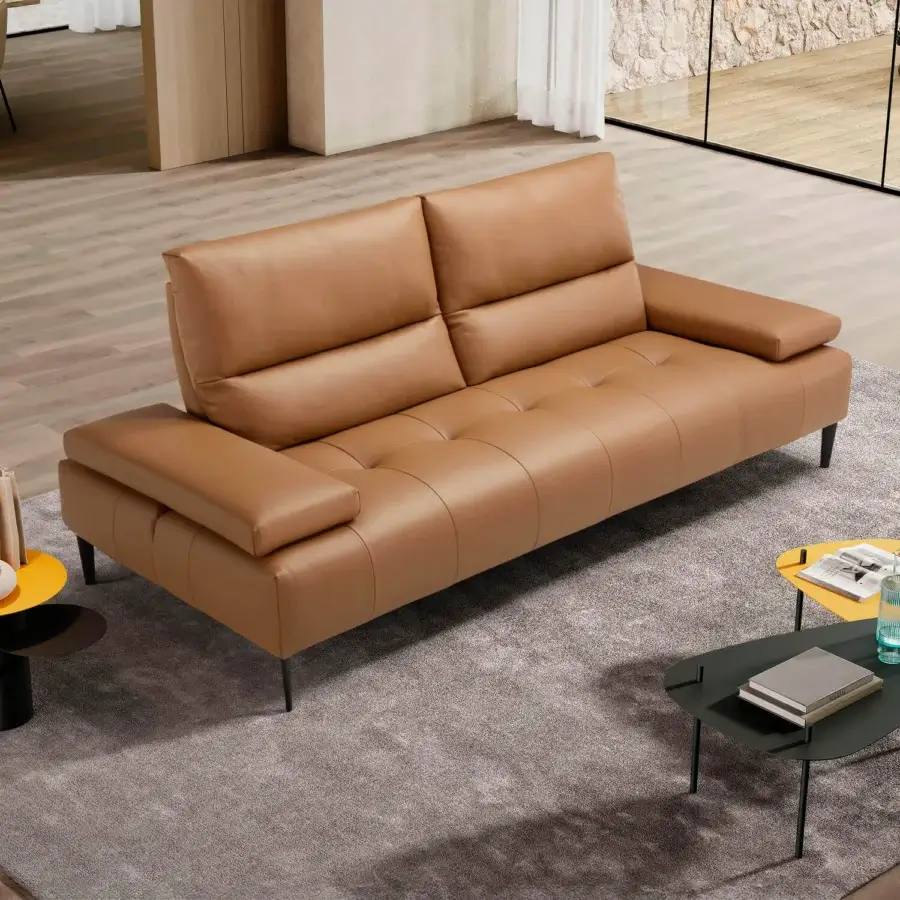 Elegant Egoitaliano Tate sofa with medium-toned brown leather upholstery and reclining backrests crafted for personalized comfort