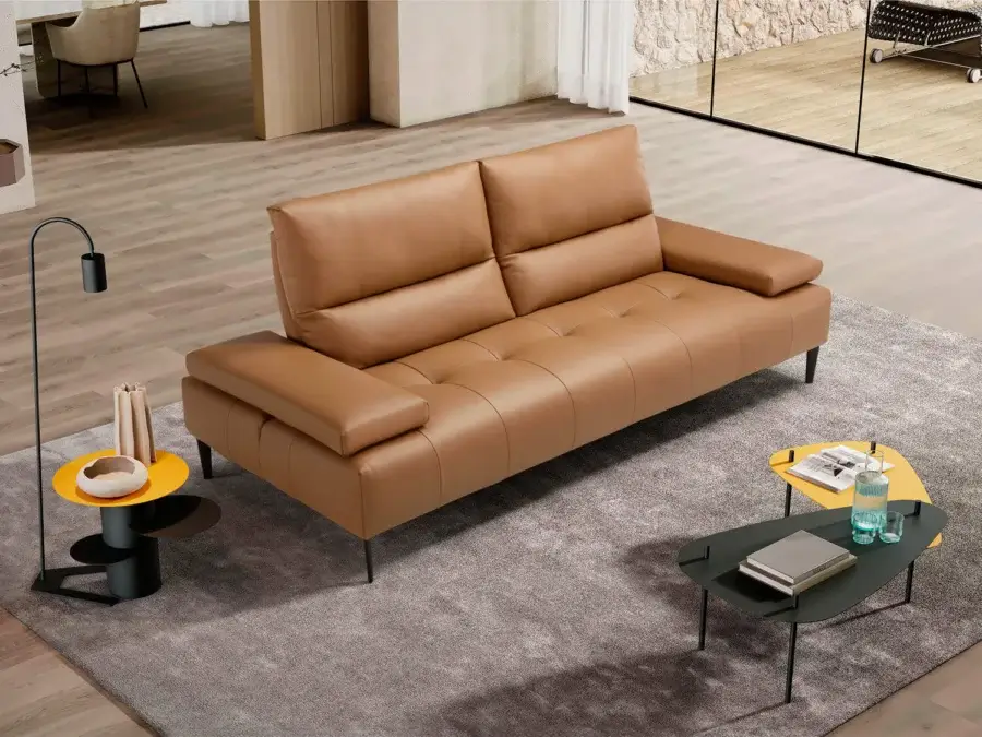Distinguished Egoitaliano Tate sofa with medium-brown leather upholstery, reclining backrests and slender black ABS legs