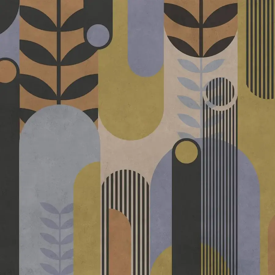 Superior Adriani e Rossi Ark wallpaper with abstract botanical design in ochre, grey, black, lavender, and teal tones with soft-touch finish