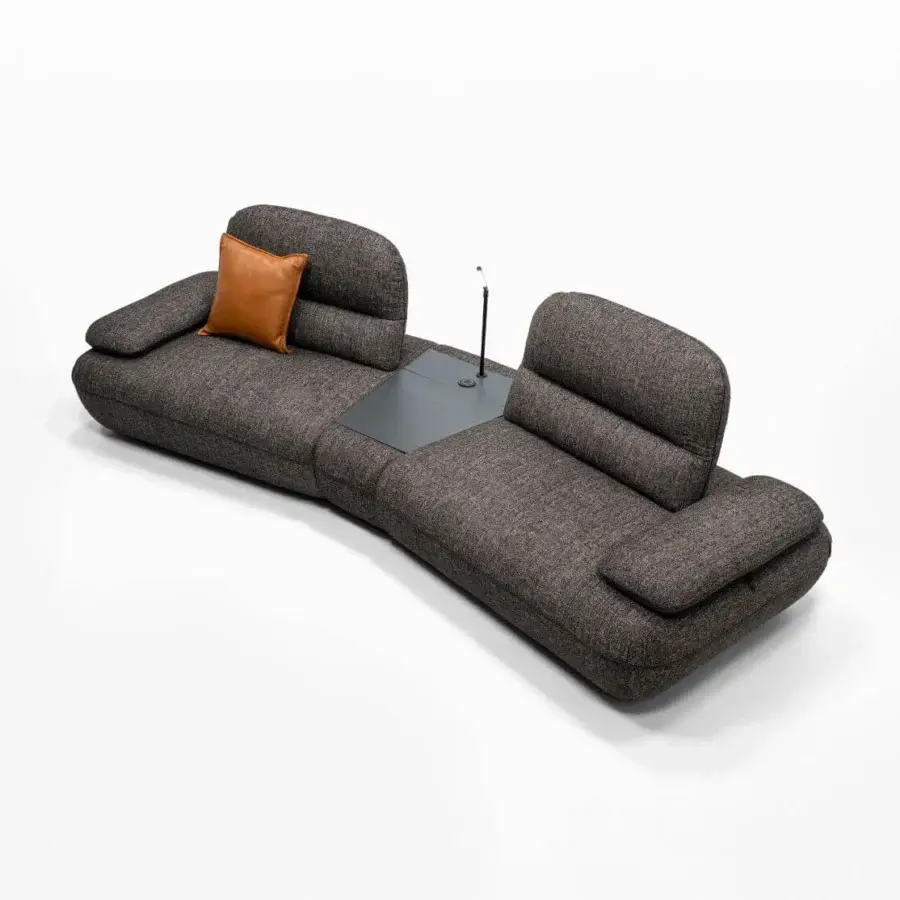 Superior Egoitaliano Hoops modular sofa with dark gray textured fabric upholstery, built with wood and polyurethane foam, showcasing integrated metal lamp