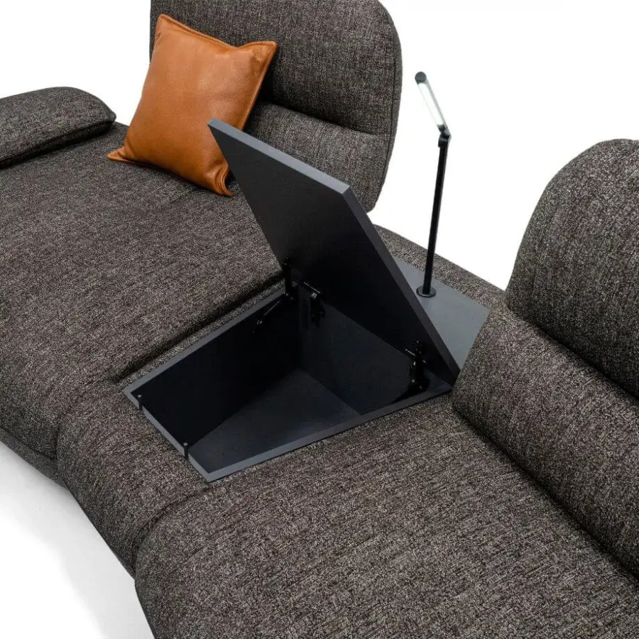 Distinguished Egoitaliano Hoops modular sofa with dark heathered gray-brown textile upholstery and matte finish, built with a floor-standing base and integrated lamp