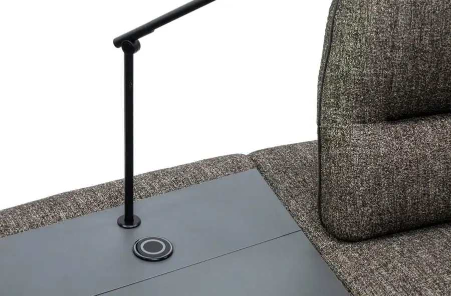 Exceptional Egoitaliano Hoops modular sofa in textured gray and brown textile with integrated dark gray side table and matte black metal lamp arm