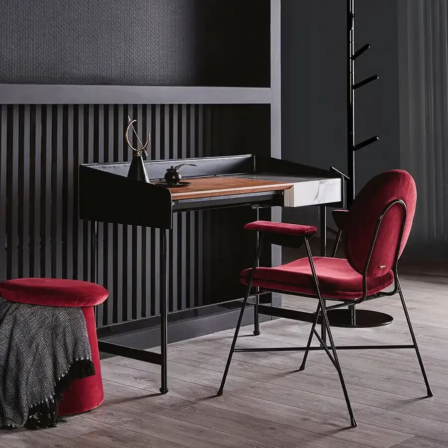 Elegant Bontempi Secret vanity desk with white SuperMarble and dark matte metal, built with a wood panel within recessed storage