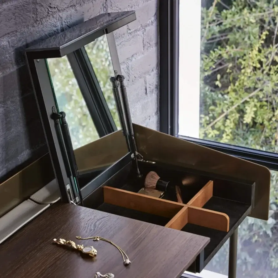 Superior Bontempi Secret vanity desk with satin-finish wood in medium-brown and black metal lighting built within a hinged design