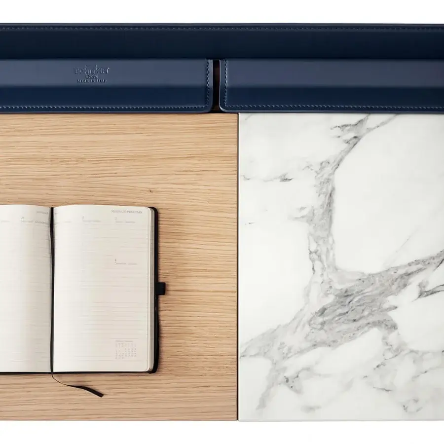 Distinguished Bontempi Secret vanity desk with light-toned wood and dark navy blue padded section in satin finish