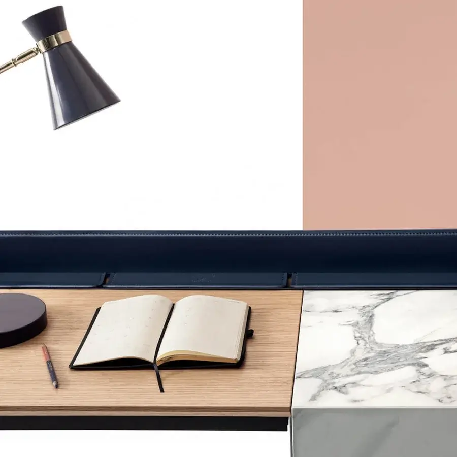 Elegant Bontempi Secret vanity desk with light-toned wood, polished SuperMarble and dark leather organizer in a satin metallic frame