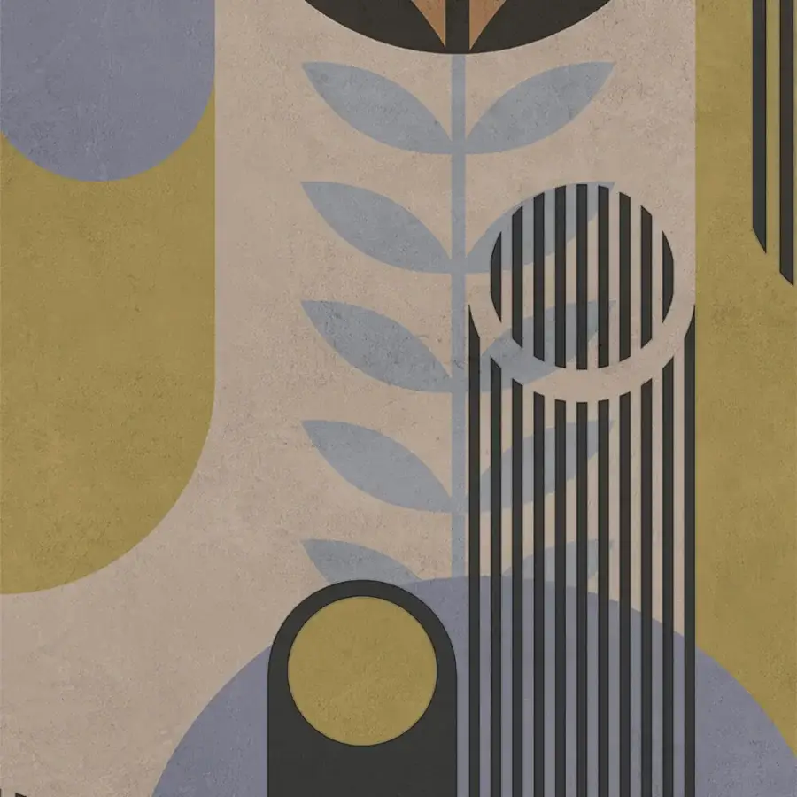 Distinguished Adriani e Rossi Ark wallpaper presents geometric shapes in ochre, lavender, and charcoal with textile or soft-touch finish