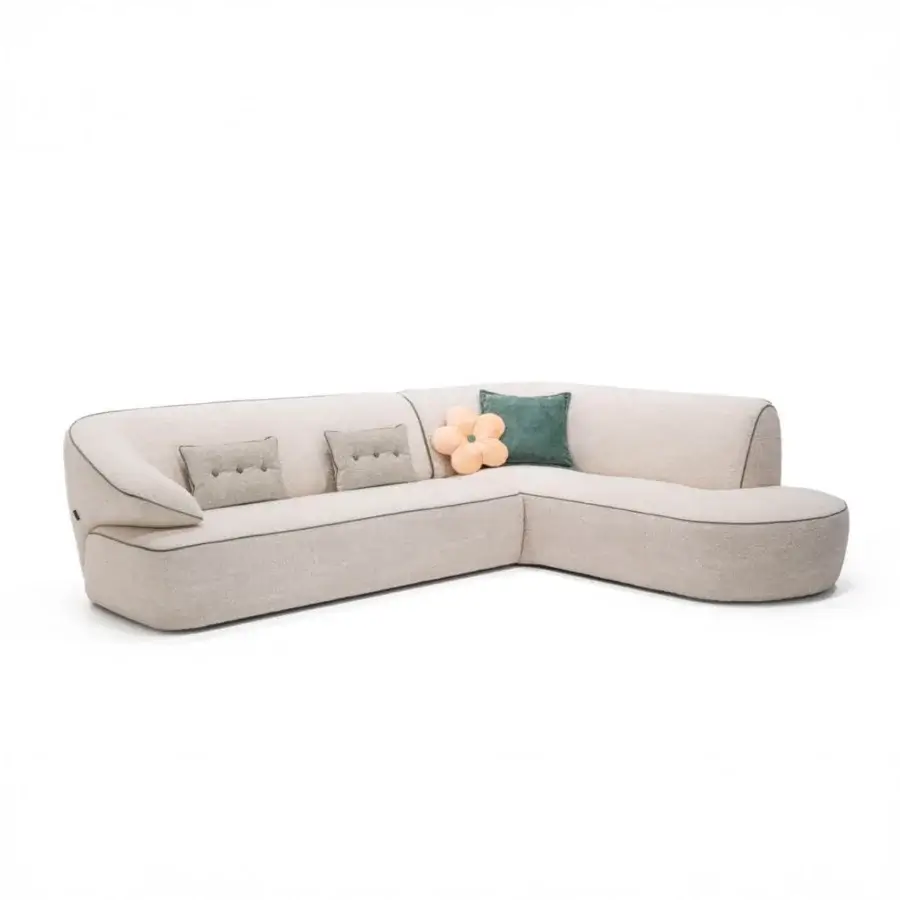 Elegant Egoitaliano Momo sectional with subtly textured light neutral beige fabric and black ABS feet
