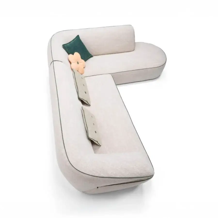 Distinguished Egoitaliano Momo sectional with a curved silhouette upholstered in textured matte beige fabric and dark green accents