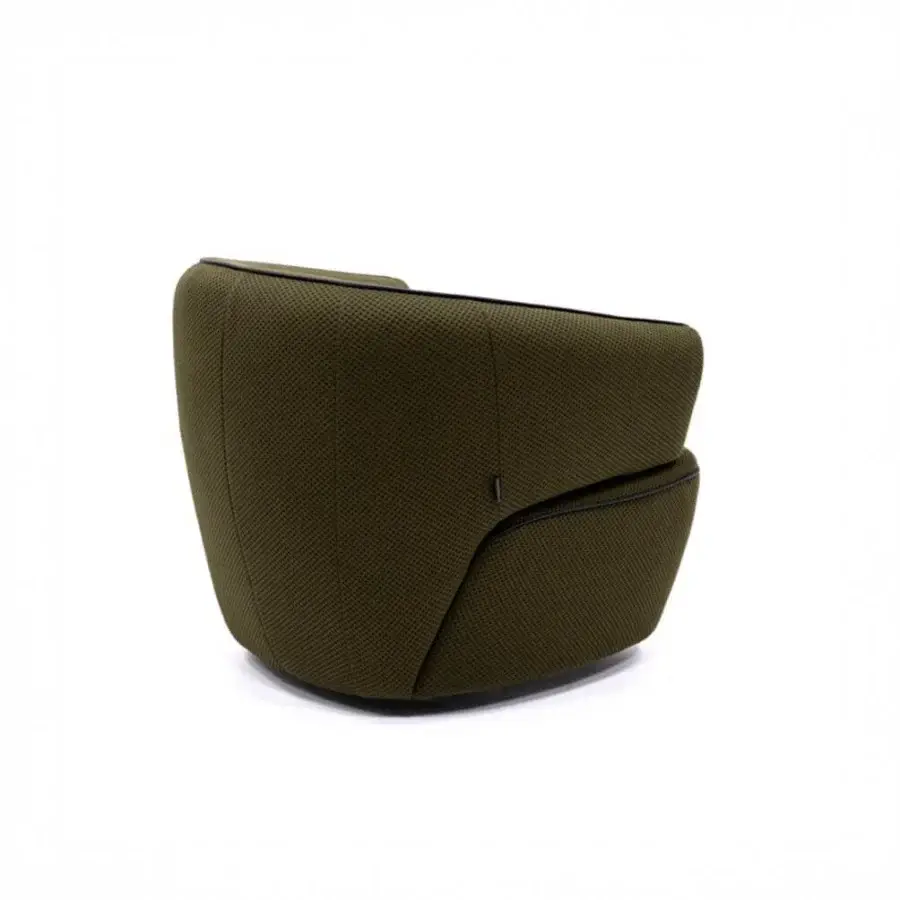 Lavish Egoitaliano Momo lounge chair with enveloping form built in textured olive green fabric and sleek Lycra trim