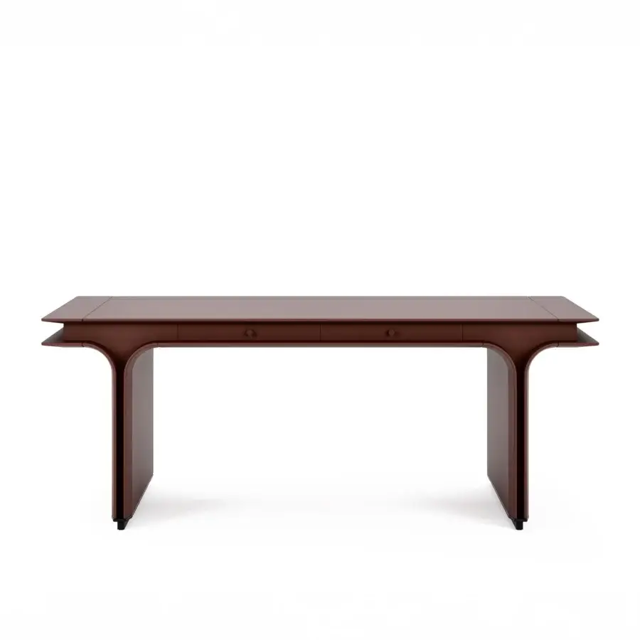 Distinguished Mascheroni Jazz Charlie desk with reddish-brown wood tabletop and curved steel legs in satin finish