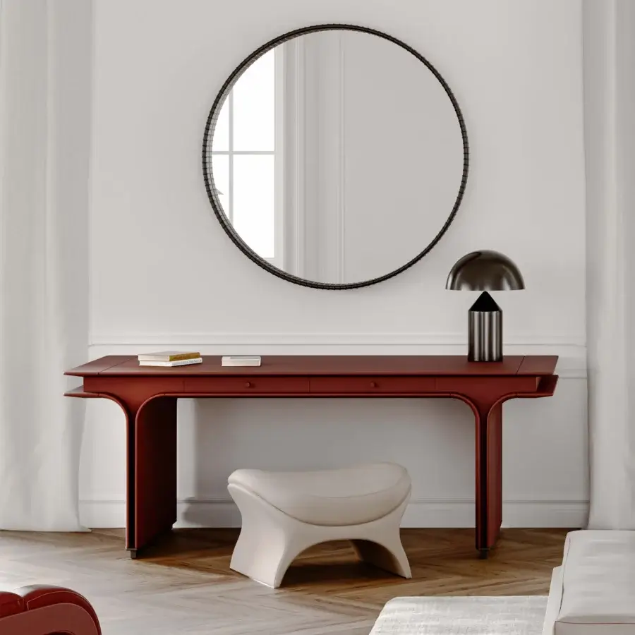 Superior Mascheroni Jazz Charlie desk with reddish-brown leather top and internal steel frame built with dark-trimmed wooden legs