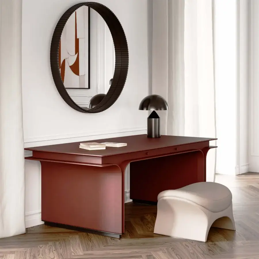 Captivating Mascheroni Jazz Charlie desk with reddish-brown steel frame and luxurious leather top crafted in Italy