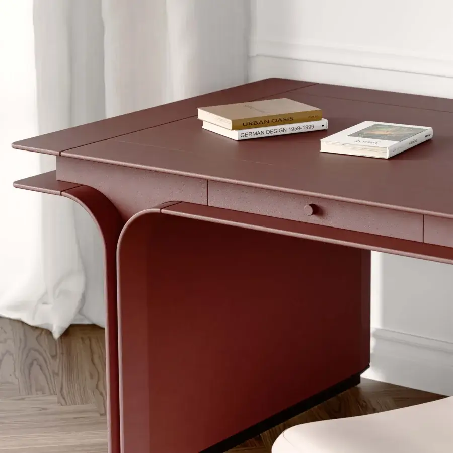 Distinguished Mascheroni Jazz Charlie desk with reddish-brown leather top and sleek matte steel legs