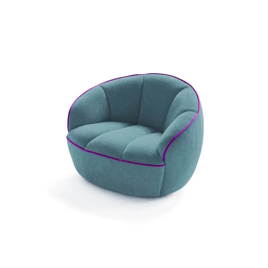 Distinctive Egoitaliano Shai lounge chair with enveloping form upholstered in textured matte teal fabric and purple trim