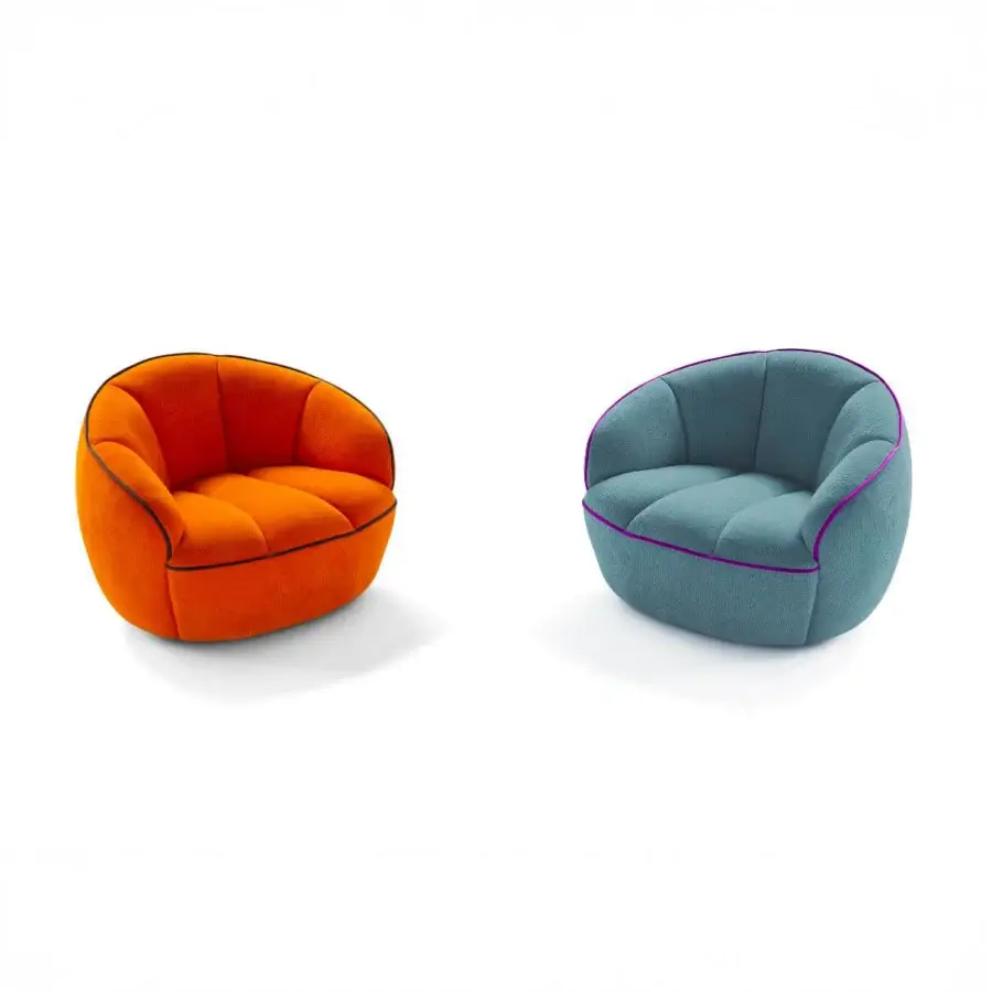 Distinctive Egoitaliano Shai lounge chair with enveloping rounded silhouette upholstered in vibrant orange stretch fabric with purple trim