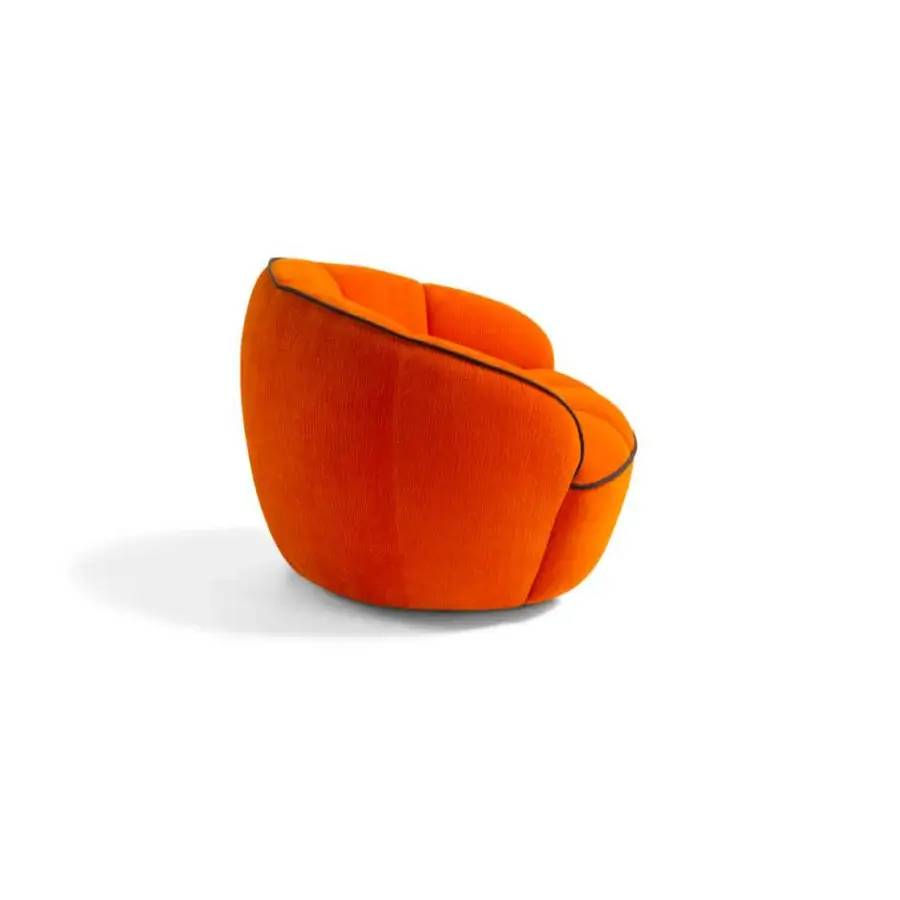 Captivating Egoitaliano Shai lounge chair with enveloping rounded silhouette upholstered in vibrant orange textured textile and matte finish
