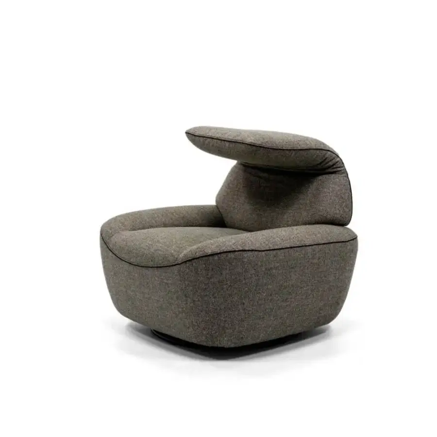 Distinguished Egoitaliano Smirk lounge chair with enveloping form upholstered in muted gray-brown woven fabric and matte finish