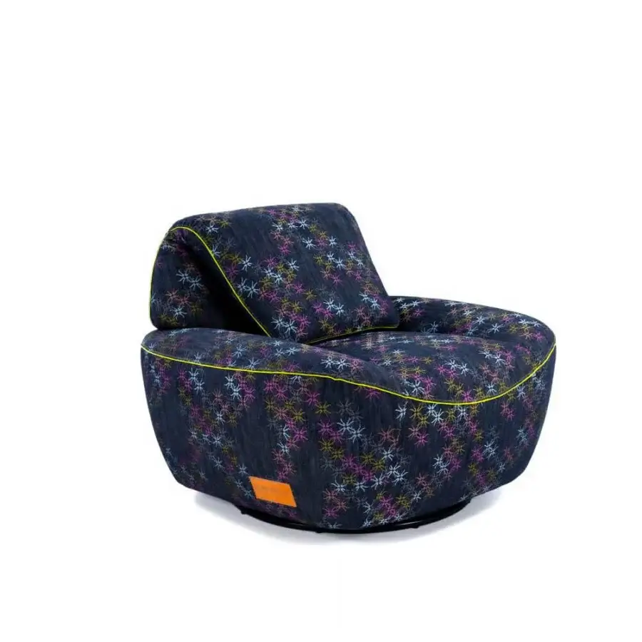 Lavish Egoitaliano Smirk lounge chair with adjustable backrest upholstered in textured dark indigo denim with vibrant yellow trim