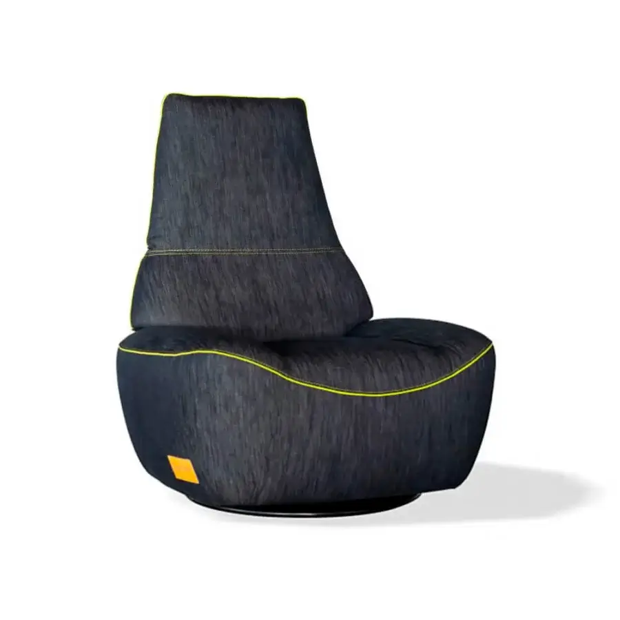 Exceptional Egoitaliano Smirk lounge chair with textured denim upholstery and yellow contrast stitching built with a black painted tubular steel swivel base