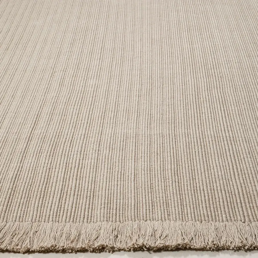 Distinguished Amini Pierre rug hand-woven in India with soft beige recycled PET and delicate hand-clipped detailing