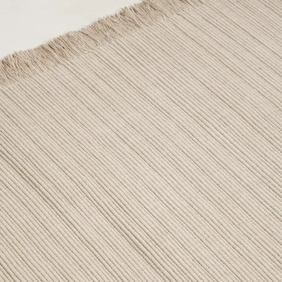 Refined Amini Pierre rug hand-woven in India from recycled PET with champagne and beige tones plus textured fringe