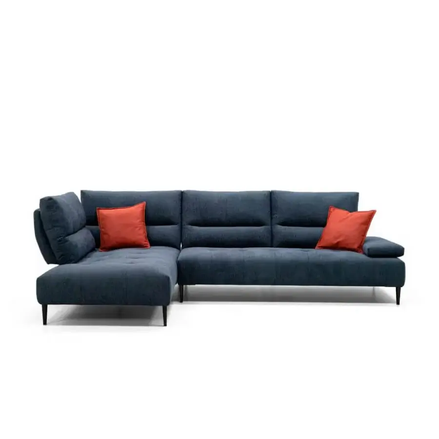 Distinguished Egoitaliano Tate sectional with textured dark blue textile upholstery and reddish-orange accent cushions crafted with slender black ABS legs