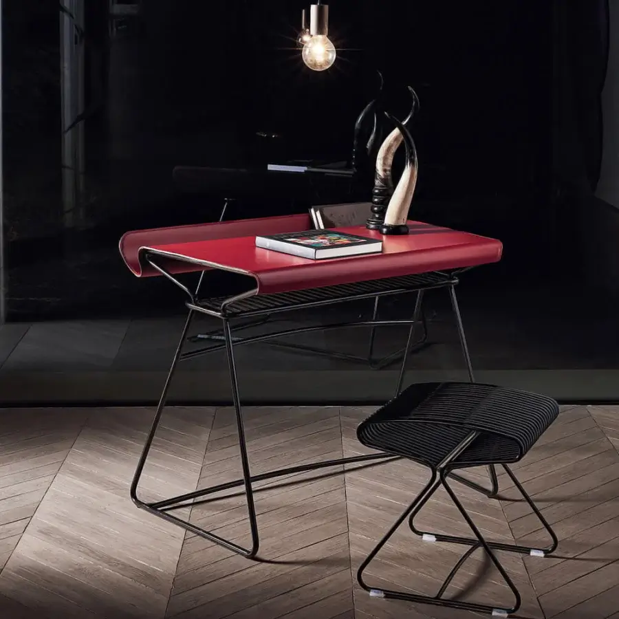 Elegant Bontempi Taylor desk with red tabletop and sculptural matte black metal frame in glossy finish