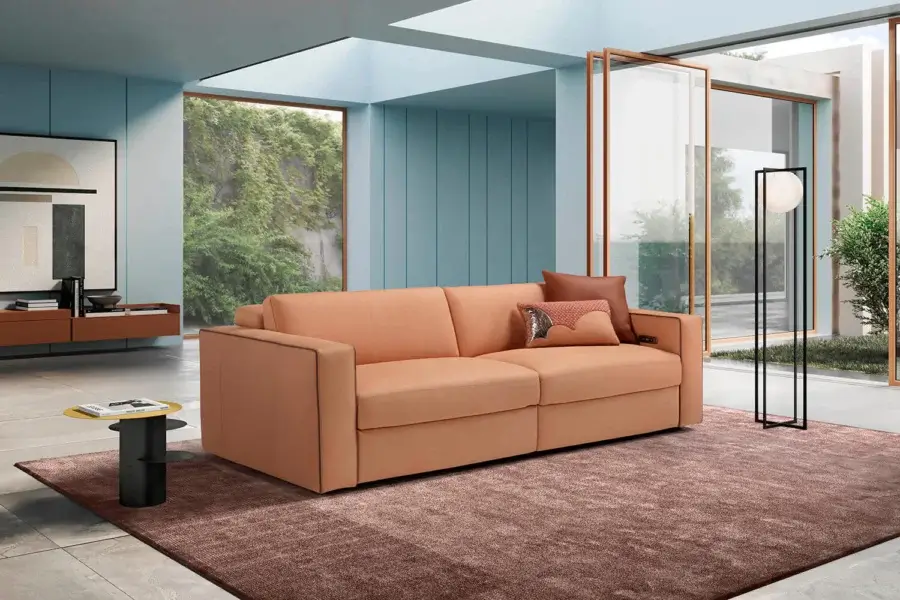 Superior Egoitaliano Kuby sofa with terracotta leather upholstery, electric recline and meticulous rod stitching