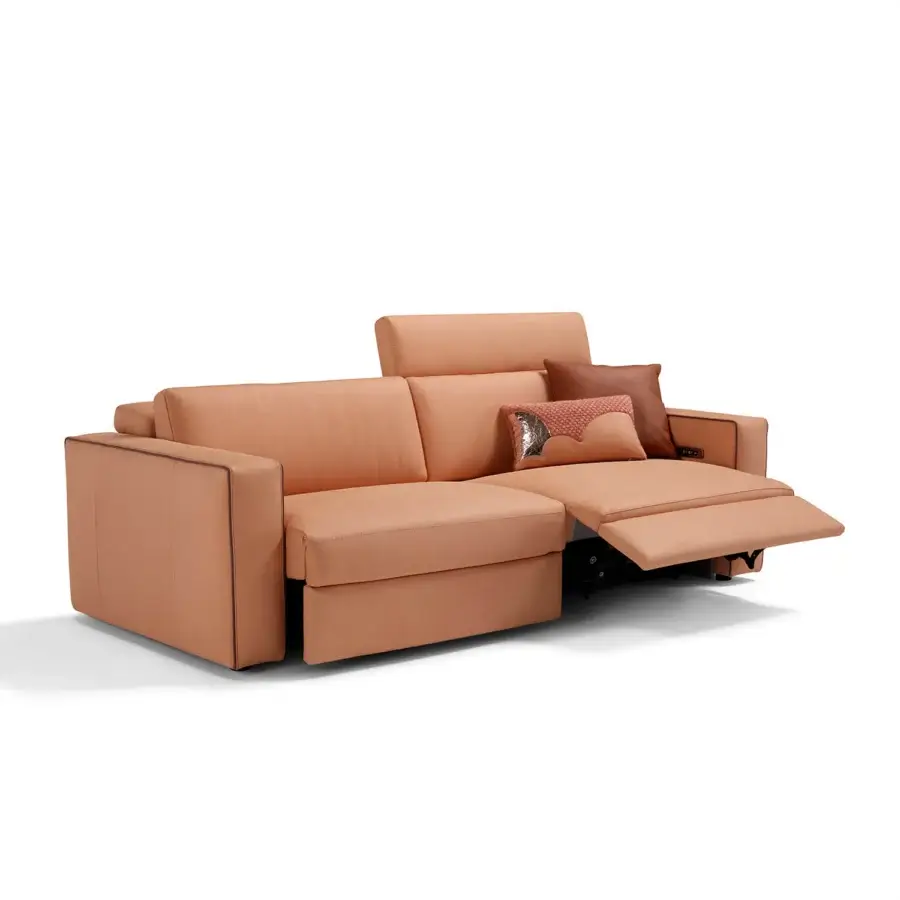 Distinguished Egoitaliano Kuby sofa in warm light orange-brown leather with electric recline and detailed rod stitching