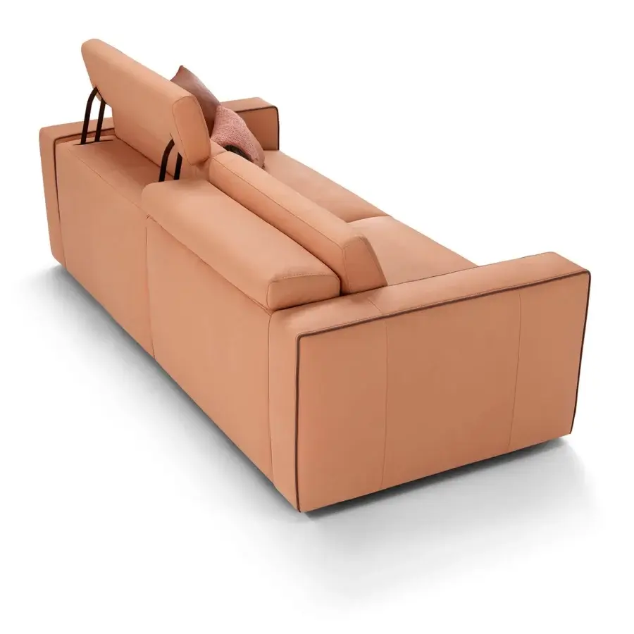 Superior Egoitaliano Kuby sofa in warm orange-brown leather with electric recline and refined rod stitching