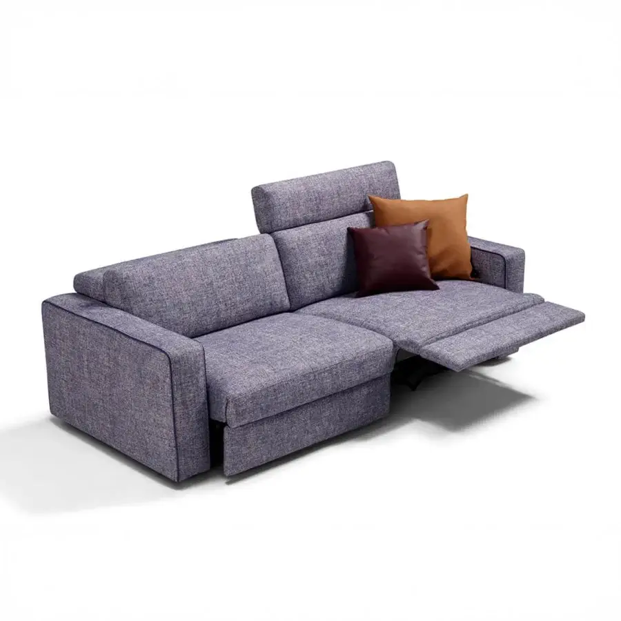 Elegant Egoitaliano Kuby sofa in lavender textile with electric mechanisms and contrasting burgundy-orange cushions