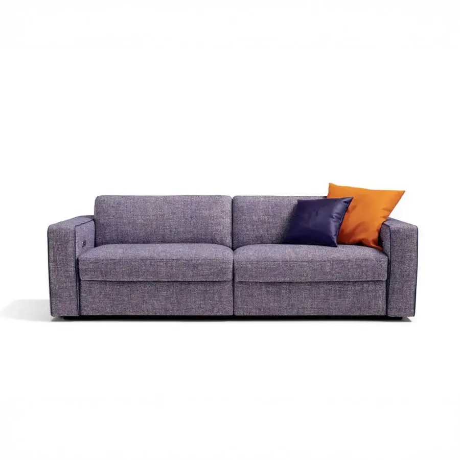 Distinguished Egoitaliano Kuby sofa in subtly textured lavender fabric with navy blue and orange cushions crafted in Italy