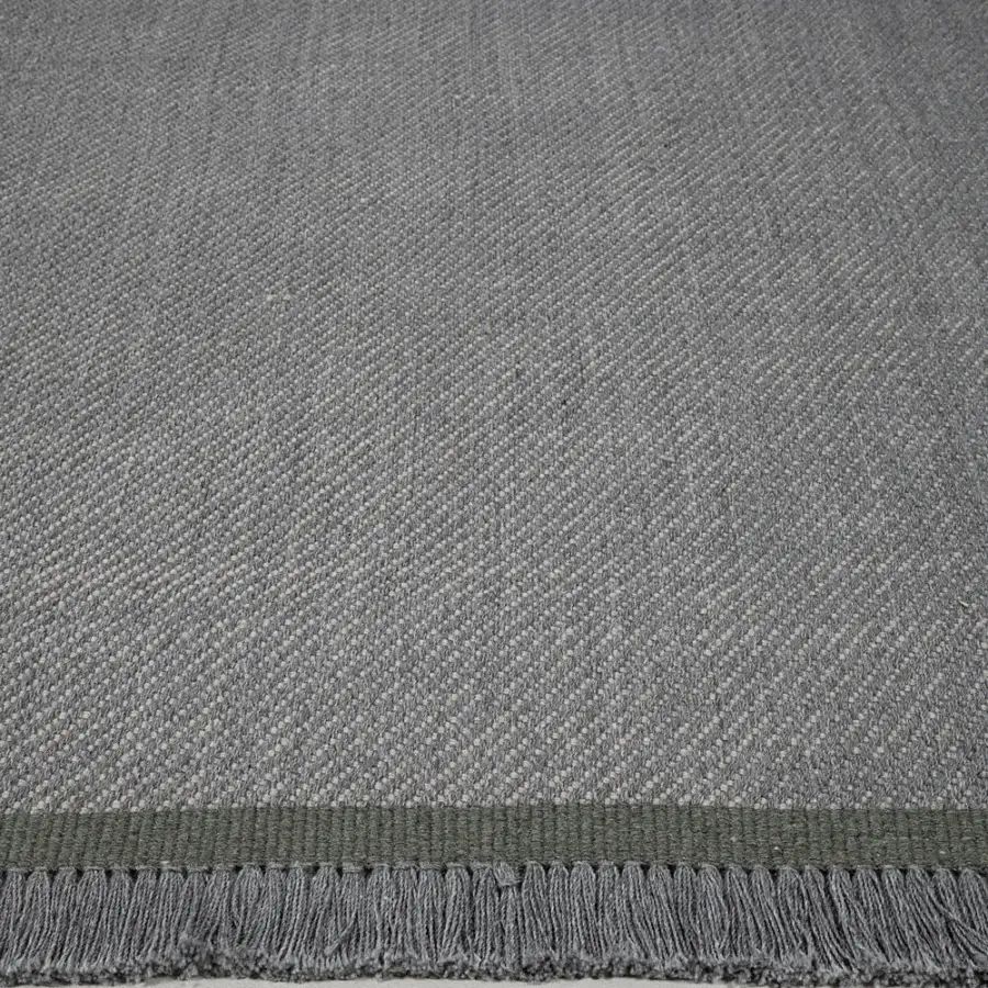 Superior Amini Sesame rug hand-woven in recycled PET with heathered muted gray and subtle olive-green bordering