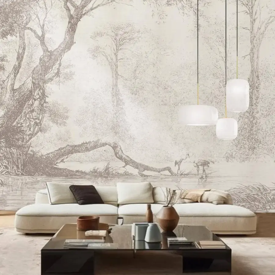 Exceptional Adriani e Rossi Wall Painting Wallpaper with detailed landscape illustration in soft browns and neutral tones crafted with a fiberglass base and matte finish