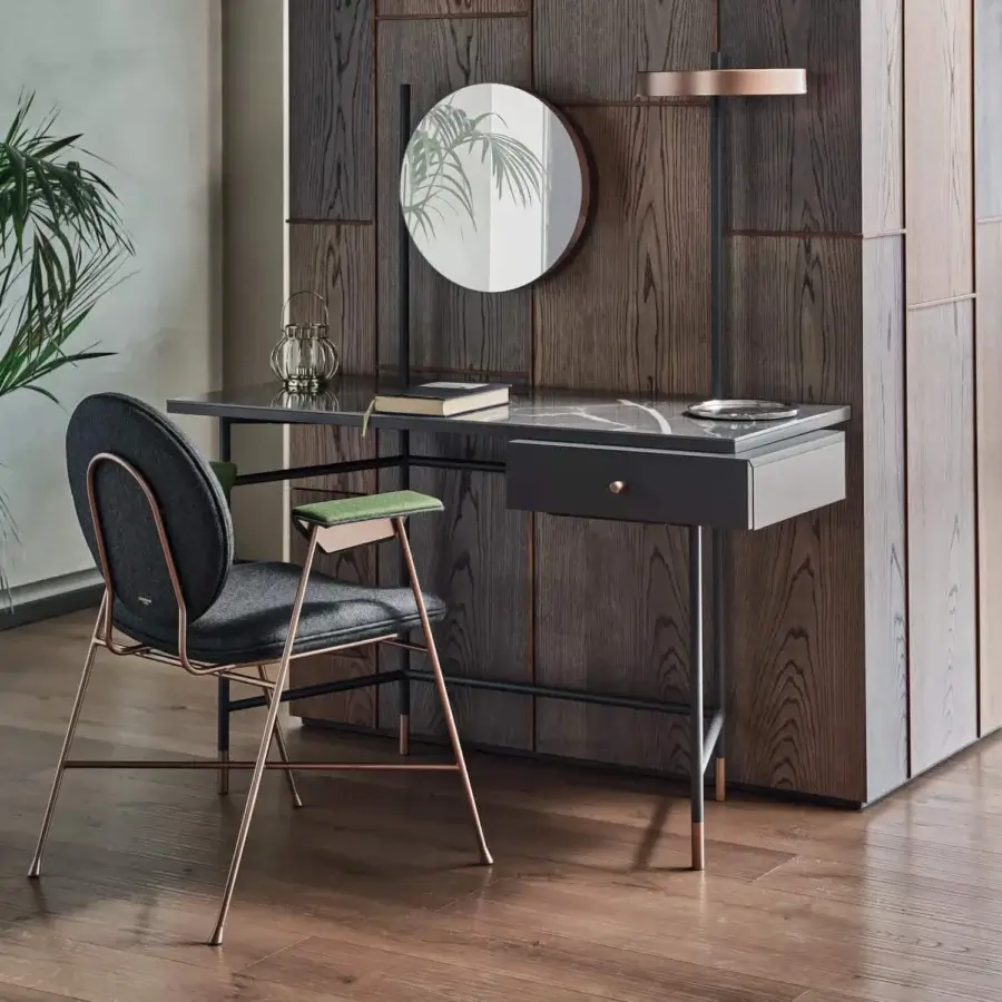 Superior Bontempi Vanity Desk with dark brown wood frame and dark gray glossy marble-like desk surface exhibiting a satin finish
