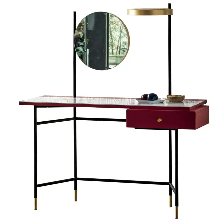 Distinguished Bontempi Vanity Desk with a red glossy drawer front, black metal frame and mottled marble-effect tabletop