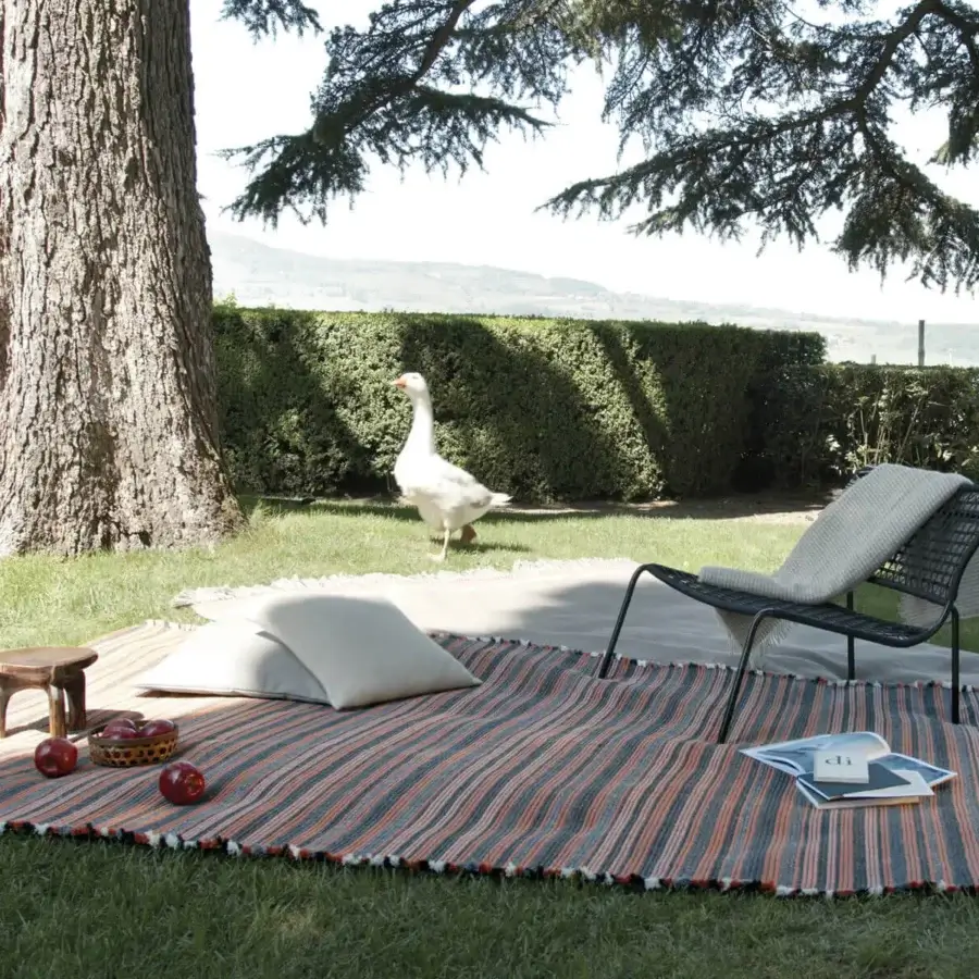 Exceptional Amini Prune rug crafted with vibrant vertical stripes in recycled PET and hand clipping
