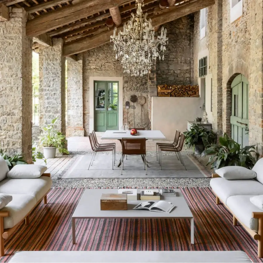 Distinguished Amini Prune rug hand-woven in India from recycled PET with charcoal and coral stripes and a hand-clipped finish