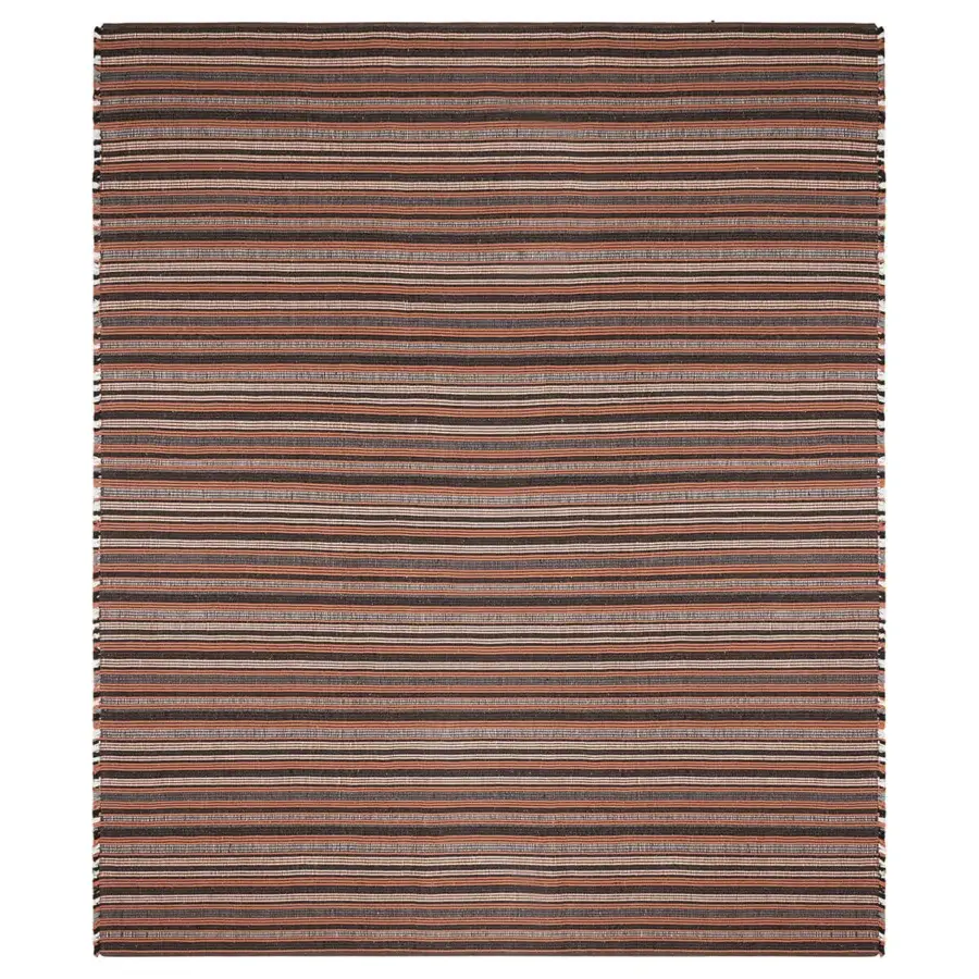 Exceptional Amini Prune rug hand-woven in India from recycled PET with charcoal and reddish-brown stripes and a hand-clipped finish