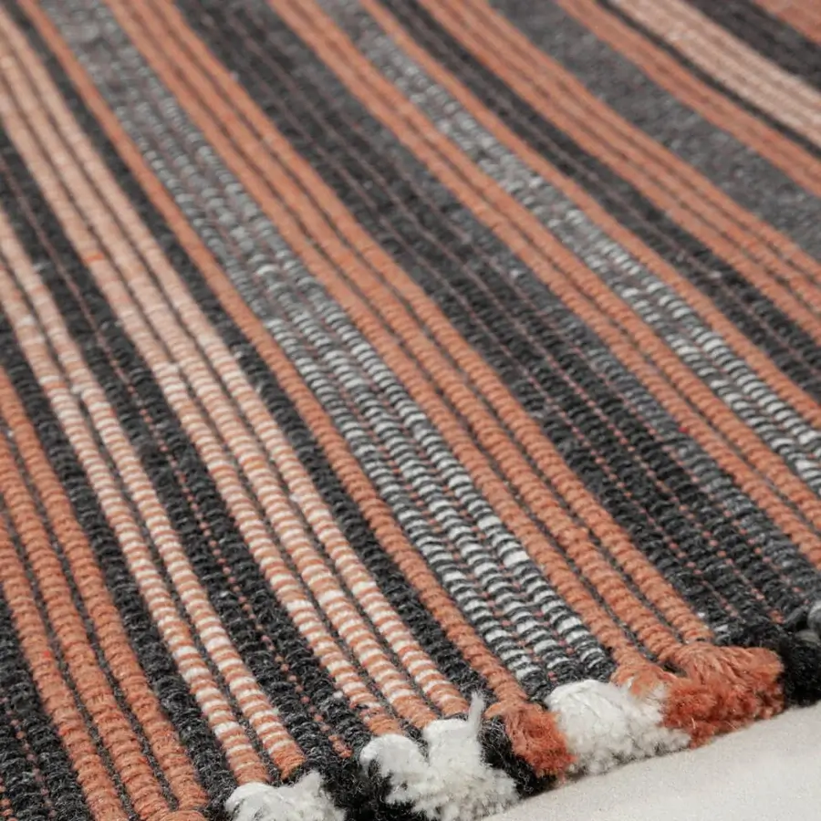 Distinctive Amini Prune rug hand-woven from recycled PET with charcoal and coral striped pattern and looped fringe finish