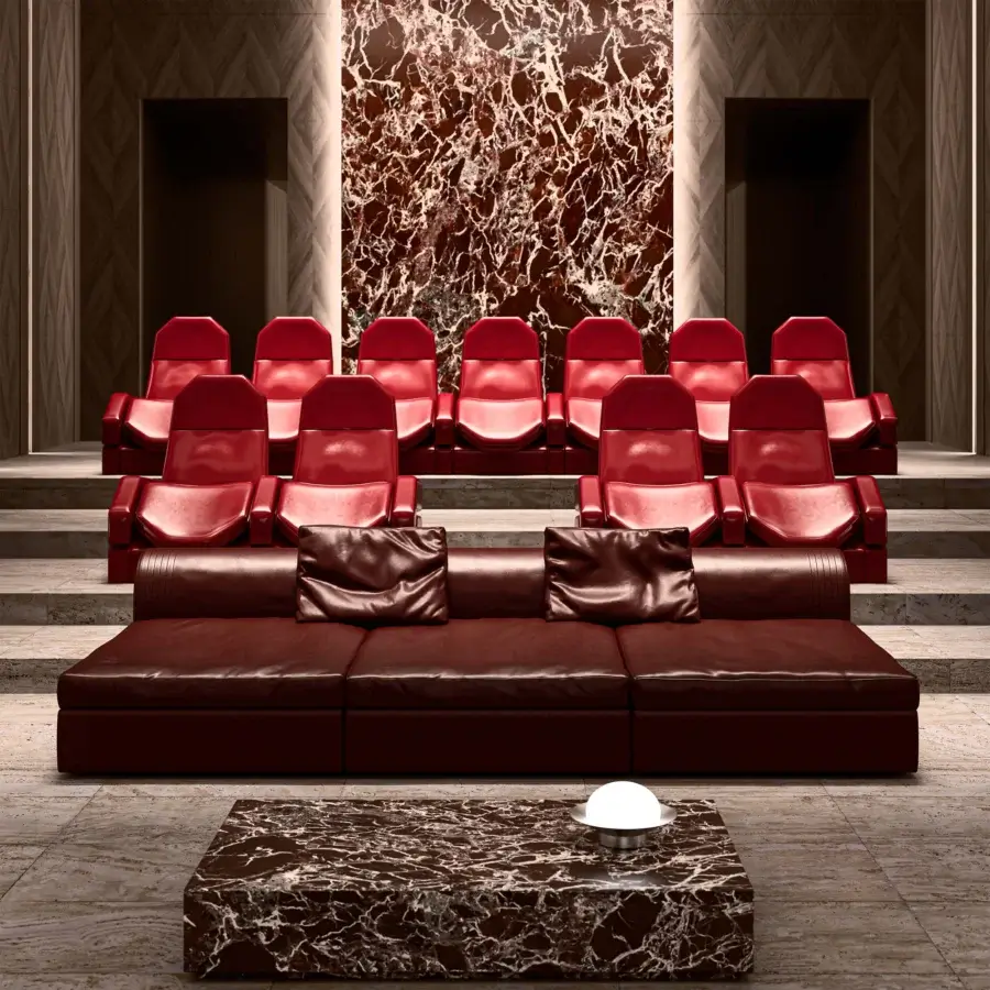 Meticulous Mascheroni Jurij home cinema seating crafted in reddish-brown leather with a steel frame and curved birch for customized viewing