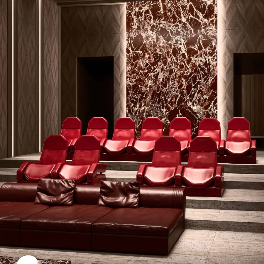 Exclusive Mascheroni Jurij home cinema seating built in reddish-brown leather with a curved birch and steel frame
