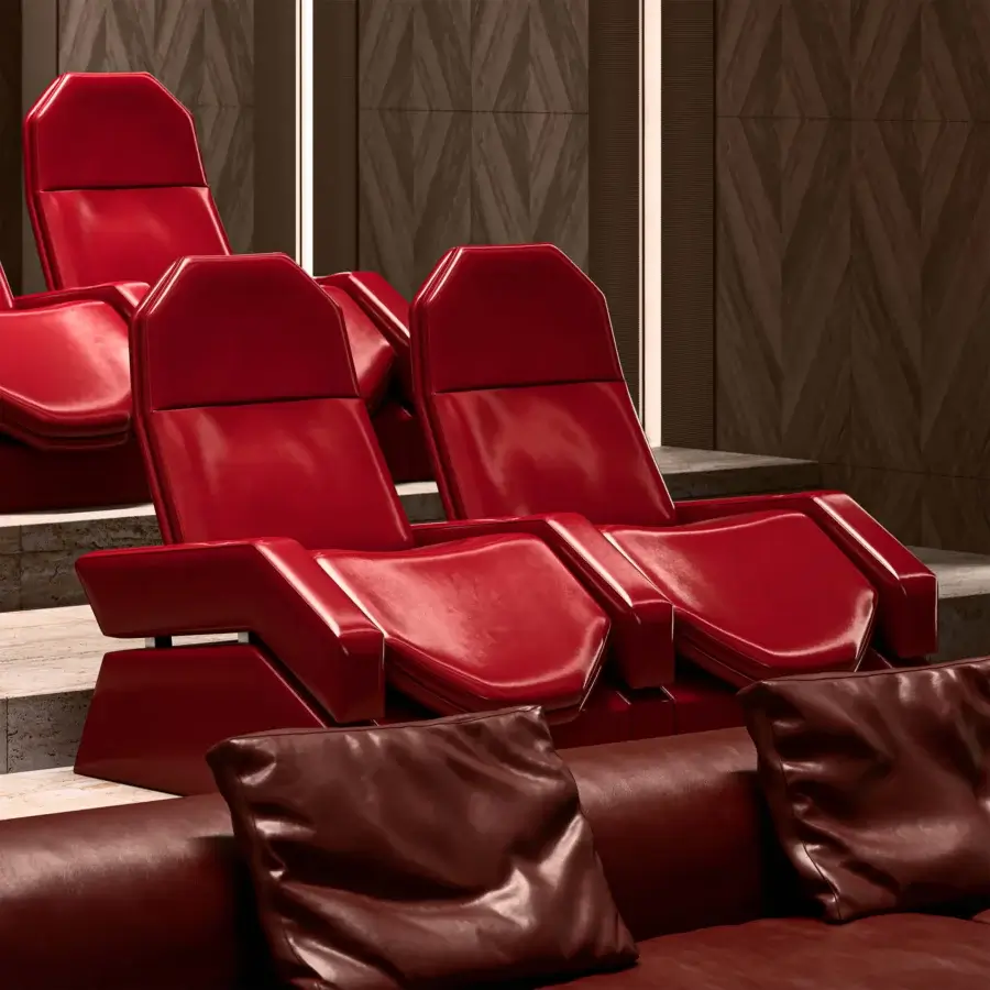 Superior Mascheroni Jurij home cinema seating built with glossy red leather and curved birch frame