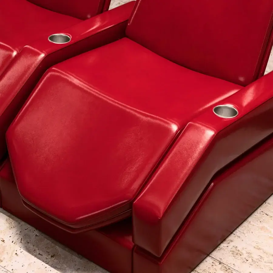 Exceptional Mascheroni Jurij home cinema seating in glossy red leatherette with angular shapes and integrated controls