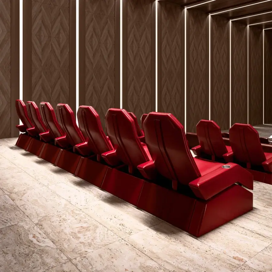 Lavish Mascheroni Jurij home cinema seating in saturated red leather with electric recline and curved birch base
