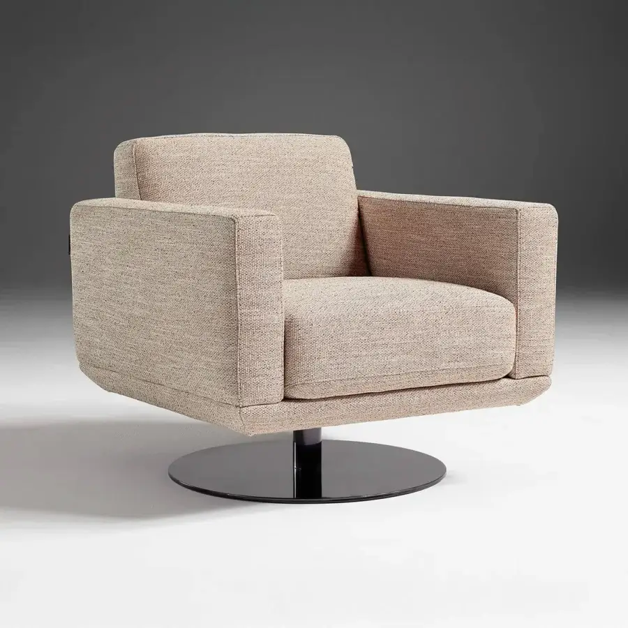 Distinguished Egoitaliano Gloria lounge chair with textured neutral beige textile and hardwood combined with plywood construction