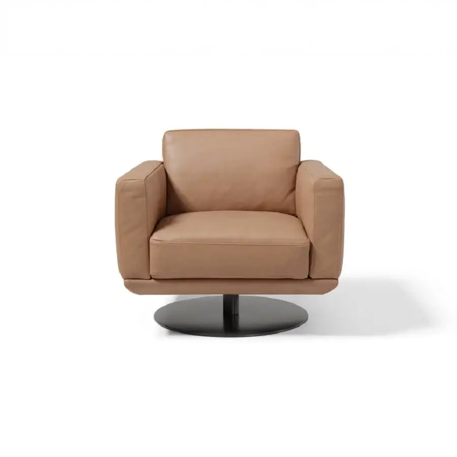 Elegant Egoitaliano Gloria lounge chair with smooth light tan upholstery and dark metal swivel base